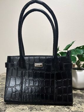 OSPREY Black Croc-Embossed Satchel with Double Handles
